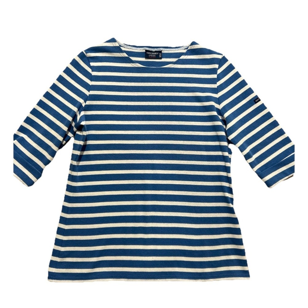 Saint James L'Atelier Women's 8 Striped Breton 3/4 Sleeve Cotton Top Aqua Blue